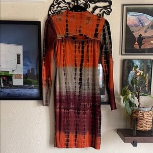 Fashion Nova Orange and Black Tie-Dye Long Sleeve Dress